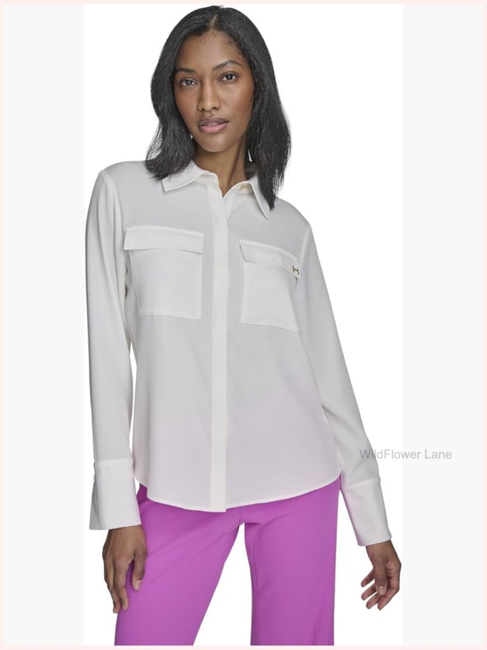 Classic Fit Button Up Blouse with Pockets Long Sleeve Collared Neck